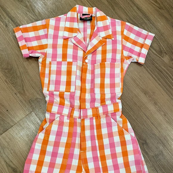 Big Bud Press Pants - Like New Big Bud Press Short Sleeve Short Jumpsuit Pink Orange Plaid Size Small